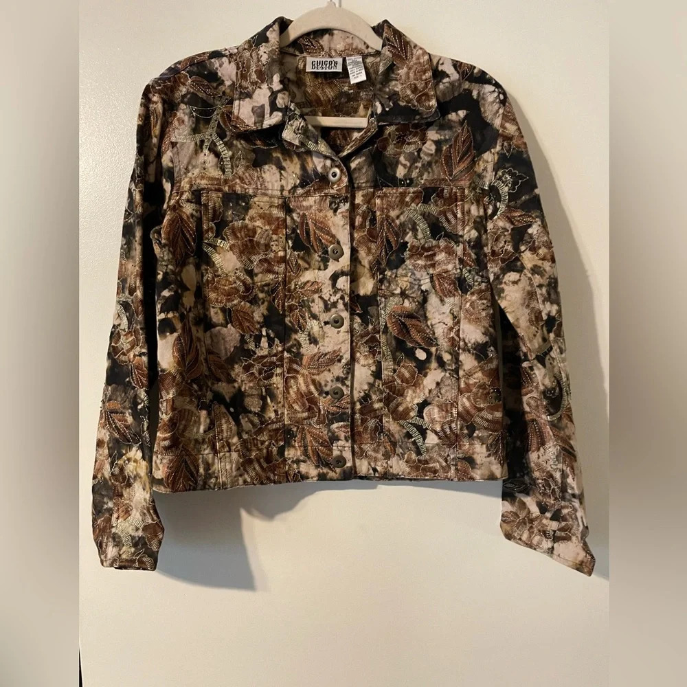 Vintage Chico’s Design Floral Leaf Embroidered Metallic Thread Jacket Size 1/Med